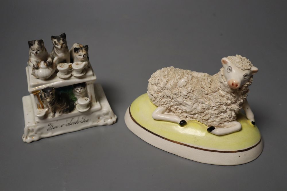 A humorous group of five cats having Five oclock Tea and a pottery sheep group, 9cm